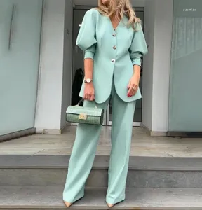 Kvinnors tvåbitar byxor Kvinnor 2 Lykta ärmar Knappar Solid Color Top Wide Foot Casual Fashion Suit Temperament Elegant Pant Set