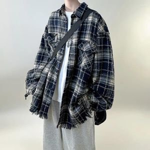 Männer Casual Shirts Frühling Kleidung Koreanische Luxus Textur Plaid Vintage Lose Überprüfen Tasten Einfarbig Langarm 2024