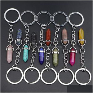 Fashion Hexagon Prism Key Rings 7 Colors Natural Stone Beads Chain Pendant Keychain Quartz Stones Pink Crystal Keychains Drop Deliver Dhrwi