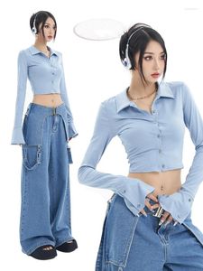 Damesblouses Koreaanse mode met korte mouwen en korte mouwen Dames Lente Herfst Slanke blouse Zoete top met enkele rij knopen