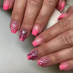Fałszywe paznokcie 24pcs Gradient Pink Press On Square Fake Heart Ribbon Butterfly Trumna dla kobiet dziewcząt