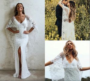 2024 Mermaid Wedding Dresses V Neck Front Split Floor Length Sexy Backless Country Wedding Gowns With Wrap Plus Size Bridal Dress Plus Size