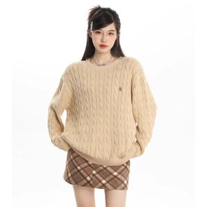 Women Clothing Vintage Knitting Sweater Khaki Round Neck Cotton Long Sleeve Lazy Style Pullover Fashion Female Winter Tops 240113