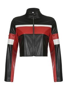 Damska sztuczna skórzana kurtka moto z detalami zamkiem i pikowanymi rękawami stylowy płaszcz motocyklowy dla modnego wyglądu 240112