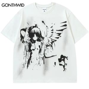 Hip hop punk tshirt streetwear y2k harajuku anime japonês dos desenhos animados anjo asa menina impressão gráfica camiseta moda solta camiseta topo 240113