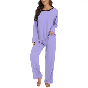 Women's Two Piece Pants Women Pant Sets Black Edge Neckline Round Neck Long Sleeve Pullovers Casual Loose Solid Color Matching Pajamas