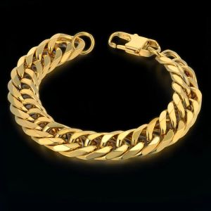 Kubansk länkarmband för män smycken punk gyllene tung stor kedja länk män 14 k gul guld armband pulseras