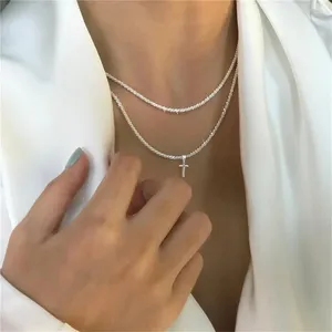 Pendant Necklaces 2024 Fashion Double Layers Cross Necklace For Women Silver Color Sparkling Clavicle Chain Choker Jewelry Gifts