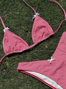 Palid Print Bikinis Bow Swimwear Women Swimsuit Triangle Bikini Set Bandage Bath Suit Low Waist Thong Beachwear Biquini 240113