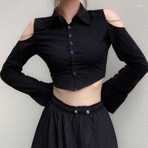 Camicette da donna Camicetta nera sexy con spalle scoperte Cardigan con bottoni e collo alto Crop Top Donna Occasioni formali Abiti slim a maniche lunghe