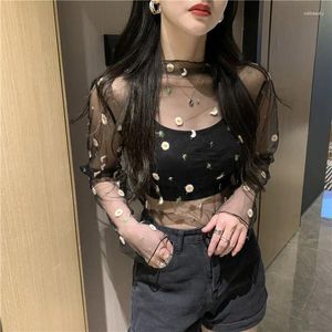 Women's T Shirts Korean Style Mesh Top Daisy Under Shirt 2024 Harajuku Cute Lace Flower Long Sleeve Drop