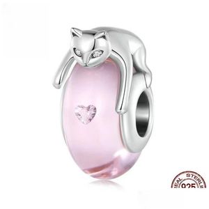 S925 Sterling Sier Vidro Gato Frisado Pulseira Pingente DIY Rosa Bonito Gota Entrega Dhq6D