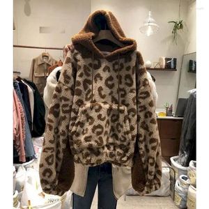 Kvinnors hoodies leopard kvinnor lamm fleece hooded jacka modedesign plysch vintage hoodie vår 2024 i koreanska rockar y2k