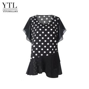 Yitonglian элегантные винтажные топы с рюшами и короткими рукавами в горошек для женщин, повседневная рубашка-туника больших размеров, футболка 6xl 7xl 8xl W128 240112