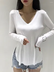 Kvinnors T -skjortor Casual V Neck Shirt for Women Spring 2024 Korean Style Woman Clothes Basic Long Sleeve Tops Loose Tee Camisetas