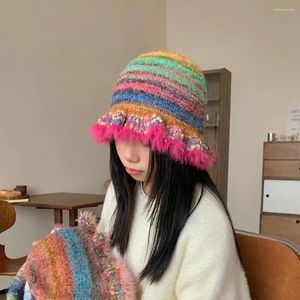 Berets Female Hat Ultra-thick Retro Colorful Striped Fisherman For Women Soft Elastic Windproof Beanie Autumn Winter Stylish