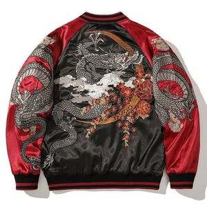 Dragon Phoenix Embroidery Baseball Bomber Jacket Women Satin Yokosuka Coat Streetwear Autumn Sukajan Japan Double Sided 211231 E352