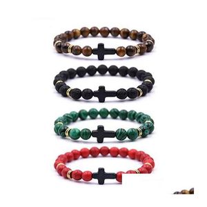 Turquoise Volcanic Rocks Tigerss Eye Beaded Strands Bracelet Men Womens Natural Gemstone Cross Charms Stackable Bracelets Jewelry Dro Ot5Lt