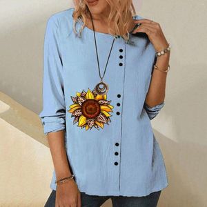 Blusas femininas moda dandelion impressão algodão tripulação pescoço manga longa topos feminino primavera outono elegante casual solto senhoras camisas vestir