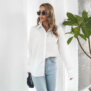 Skjortor Kvinnor Blusar White for Women Knapp Down Shirt Camisa Formella utflykter Work Designer Långärmad toppar Solid Loose Office Lady BL