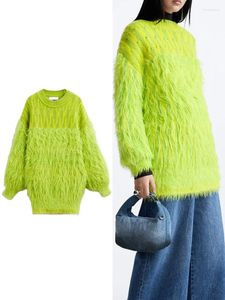 Suéter feminino zbza suéter de manga comprida outono e inverno amarelo verde texturizado solto casual top oversized pulôver engrossado