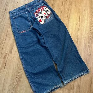 JNCO 포커 그래픽 자수 레트로 블루 청바지 남성 Y2K하라 주쿠 펑크 가루 가루 데님 바지 고스 캐주얼 하이 허리 와이드 바지 240113