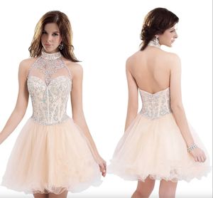 Aberto de volta halter pescoço luz laranja vestidos de baile curto organza vestidos de baile curto modesto nova chegada cristal bonito vestidos de clube