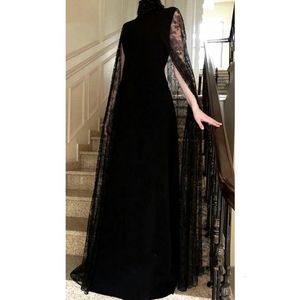 Elegante dubai preto vestidos de noite com rendas capa mangas gola alta uma linha até o chão simples veludo vestido formal para mulher