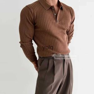 Men's Polos Autumn Long Sleeve Knit Shirt Men Fashion Ribbed Solid Color Slim T-shirts Knitted Mens Casual Button Lapel Pulloversyolq