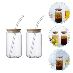 Wine Glasses 2 Pcs Straw Glass Juice Container Multipurpose Cup Iced Tea Mug With Lid Milk Drinkware Wooden Beverage Travel