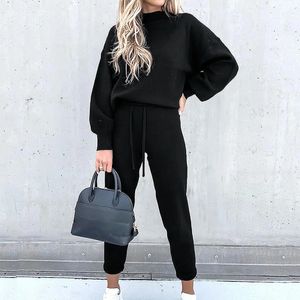 Autumn and Winter Women's Sweater High Collar Casual Pure Color Trousers Two-piece Set 240113