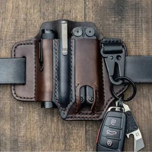 2023 Multitool Men Leather Sheath Organizer Belt Waist Bag Outdoor Storage Tool Flashlight Knife Pocket For Woman Female 240112