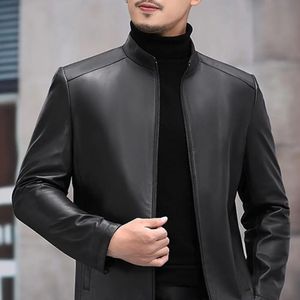 Män täcker fast färg Faux läder Autumn Winter Löst blixtlås Jacka LAPEL PURE Color Outwear 240112