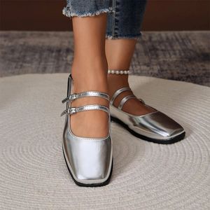 Silver Mary Jane Shoes Spring French Square Head Cross Strap Shallow Mouth Flat Bottom Ballet Flat Strap Single Shoe 240112