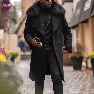 Casual Woolen Coat Fall Winter Fashion Slim Double Breasted Young Men Solid Color Fur Collar Mens Top 240113