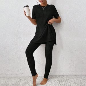 Women's Two Piece Pants Women Female Crew Neck 2 Lounge Sets Solid Color Pajamas Short Shirt Long Daily Outfit Sleepwear