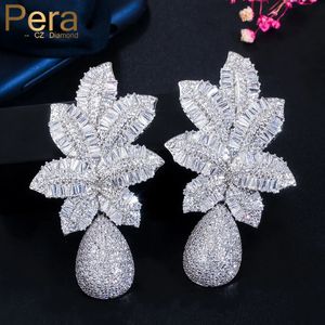 Pera Gorgeous White Cubic Zirconia Silver Color Large Leaf Water Drop Wedding Party Dingle Earrings For Brides Jewelry Gift E606 240113