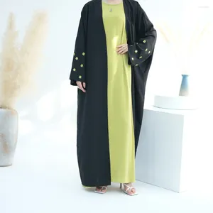 Etniska kläder klöver broderi Dubai Abaya svart tunt tygfjäril ärmar kimono muslimska kvinnor islamiska kaftan parti ramadan (nej