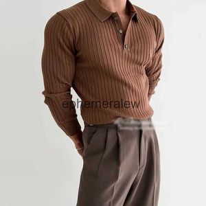 Polos masculinos outono manga longa malha polo camisa masculina moda com nervuras cor sólida magro t-shirts de malha masculina casual botão lapela pulloversephemeralew