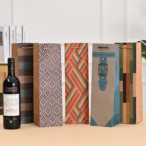 Storage Bags 12pcs Single Red Wine Bottle Handbag Holiday Handle Gift Creative Patterns Printed Kraft Paper Pouch 10.5x10x36cm