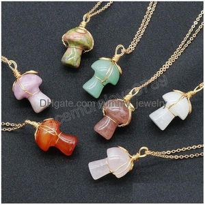 Cute Mushroom Charm Natural Stone Pendant Necklace Healing Agates Jades Purple Pink Quartz Pendum Wire Wrap Crystal Jewelry Drop Deli Dhysj