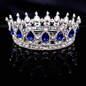 Vintage Crystals Headpieces Bridal Wedding Crown And Tiaras Queen King Crown Blue Red Rhinestone Crowns Wedding Accessories