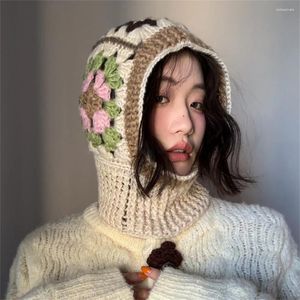 Berets Handmade Crochet Hats For Women Knitted Pullover Beanies Cap Autumn And Winter Wool Neck Warmer Female Hooded Balaclava Caps