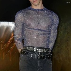 Men's T Shirts Mens See-Through Shiny Sexy Casual T-Shirt Autumn Genderless Fashion Tight Stretch Nightclub Thin Long-Sleeved Top Unisex