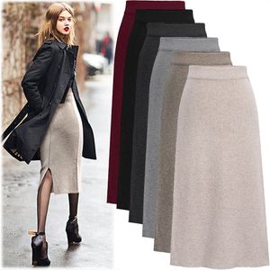 秋の冬のデザイナーピュアウールスカート女性ハイウエストカシミアスカート厚いAラインニットベーススカート