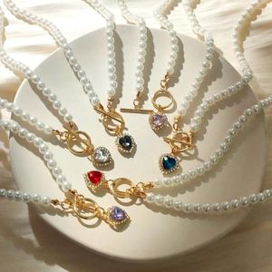 Choker 2024 Bunte Kristall Herz Perle Perlen Halskette Für Frauen Toggle Verschluss Lariat Französisch Halsketten Vintage Hochzeit Schmuck