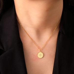 Compass Round Pendant Necklace Women Men 14k Gold Neck Chain Hiphop North Star Sailing Travel SMEEXKE Gift