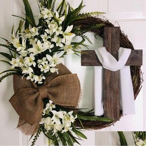 Decorative Flowers & Wreaths Decorative Flowers Easter Welcome Cross Wreaths Wooden Relius Ornament Garland Floral Rattan Wall Porch S Dhyfv