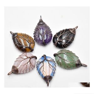 Charms Charms Natural Stone Crystal Tree Of Life Antique Waterdrop Pendants Rose Quartz Wire Wrapped Trendy Jewelry Making Wholesale D Dhadx