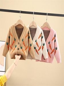 Свитера для девочек, модный корейский вязаный кардиган с морковным принтом, одежда для малышей, весна-осень, повседневный детский кардиган, свитер 2011091559059